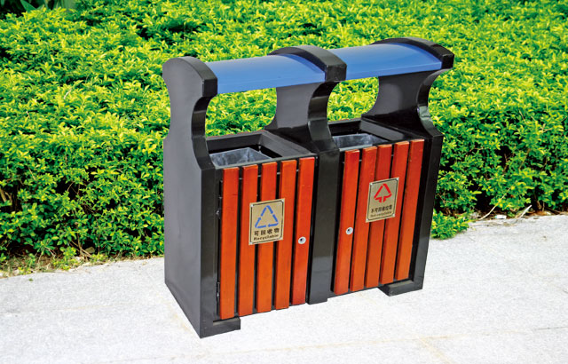 園林鋼木分類(lèi)垃圾桶戶外擺放效果圖